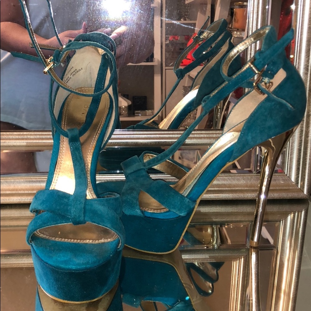 Jewel toned teal suede T-strap Bakers Heels